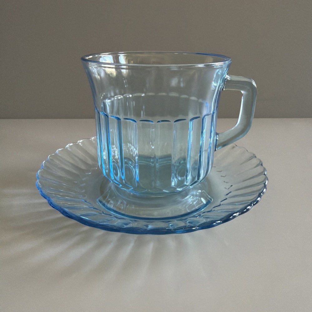 Vintage 1980s Fortecrisa Mexico Ice Azure Blue Glass Coffee Tea Cup & Saucer 8oz